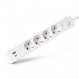 Elosztósor, 4 aljzat, 1,5 m, USB, kapcsolóval, ENTAC, fehér